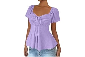 Women's Peplum Tops Short Sleeve Babydoll Shirts Tie Front Ruched Sweetheart Neckline Top Flowy Boho Tunic Top