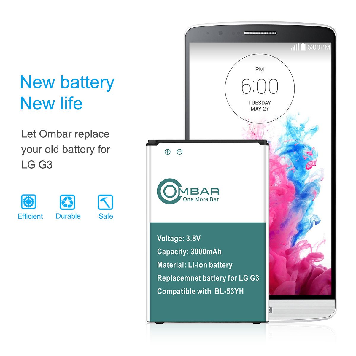Ombar 3000mah Replacement Battery for LG G3, BL-53YH Battery, 12-Month Warranty
