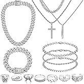 NEWITIN 15 Pieces Silver Jewelry Set for Men Stainless Steel Cuban Link Necklace Bracelet Cross Pendant Necklace Vintage Ring Cuban Jewelry Set for Men Women