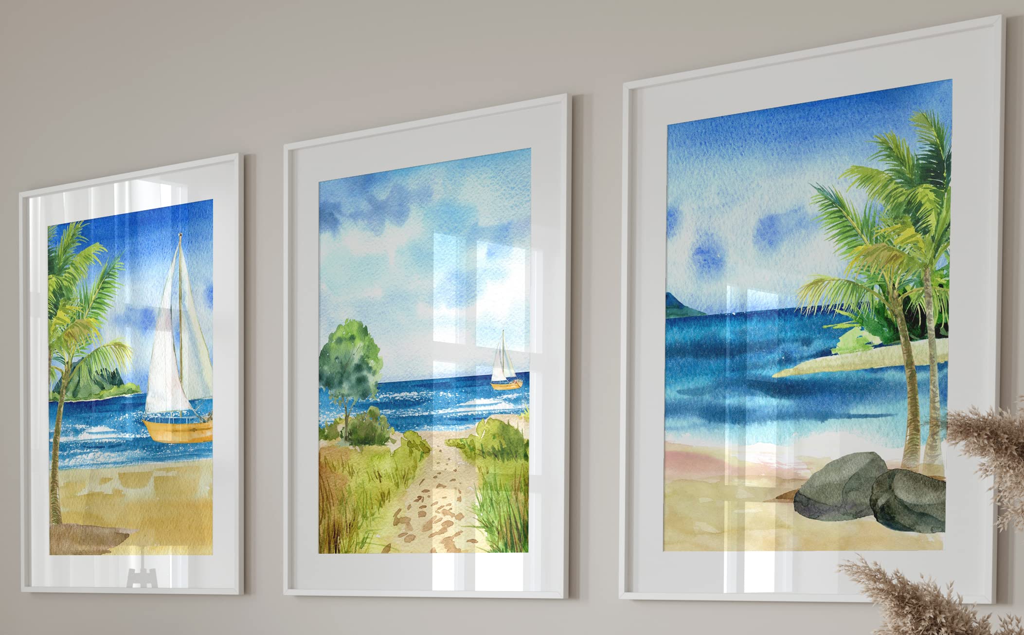 Eviepops Prints Sandy Beach Ocean Views Set of 3 Unframed Wall Prints, Beach Ocean Landscape Art, Watercolour Style Abstract Home Décor, Bathroom Wall Art, Coastal Sea Sail Boat Palm Tree (A4) — image 1