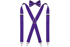 Alizeal Men's 4 Clips X-Back Solid Suspenders Pre Tied Bow Tie Set Elastic Adjustable Braces