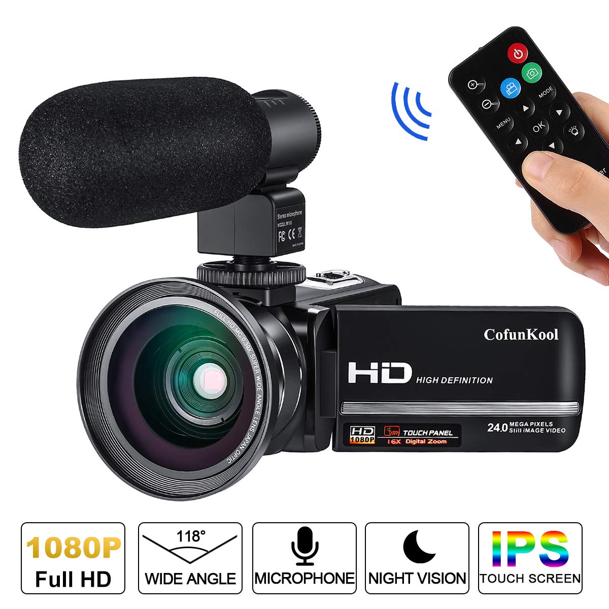 CofunKool Full HD Video Camera Camcorder 1080P 24.0MP Night Vision 16X Digital Zoom 3.0 Inches IPS Touch Screen Video Camera Recorder with External Microphone,Wide Angle Lens,Remote Control