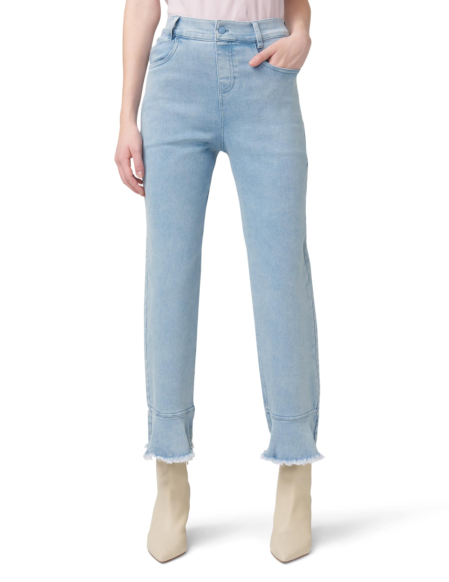 HUE Women’s Fashion Denim Jean Skimmer Leggings, Classic Light Wash-Front Ruffle Wash