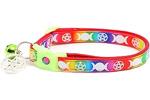 PUGS TO PERSIANS Wicca Cat Collar with Occult Charm & Bell | Witch’s Familiar Cat Collar | Witch Kitten Collar Charms | Glow in The Dark | Safety Breakaway Collar (Large(10lbs & Up), Rainbow)