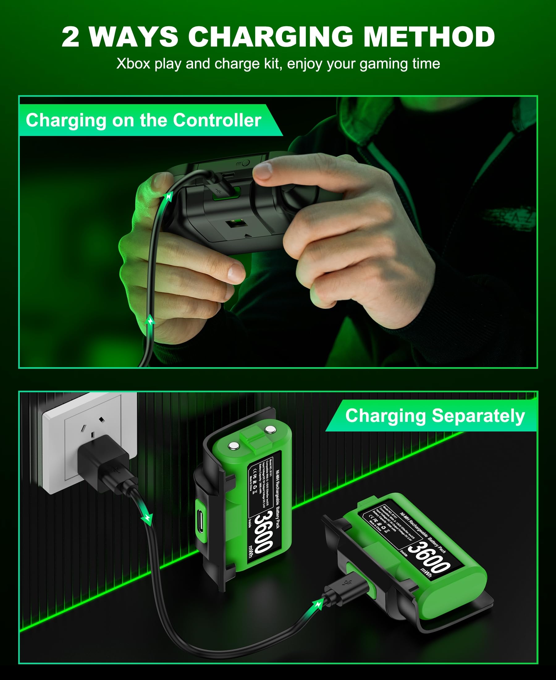 EXTREMECOOL Rechargeable Xbox Controller Battery Pack for Xbox Series X|S/One S|X/One Elite Controllers, Xbox Play and Charge Kit Incl. 2x3600mWh X-1 Batteries, 4X Battery Covers, Xbox 360 Skins