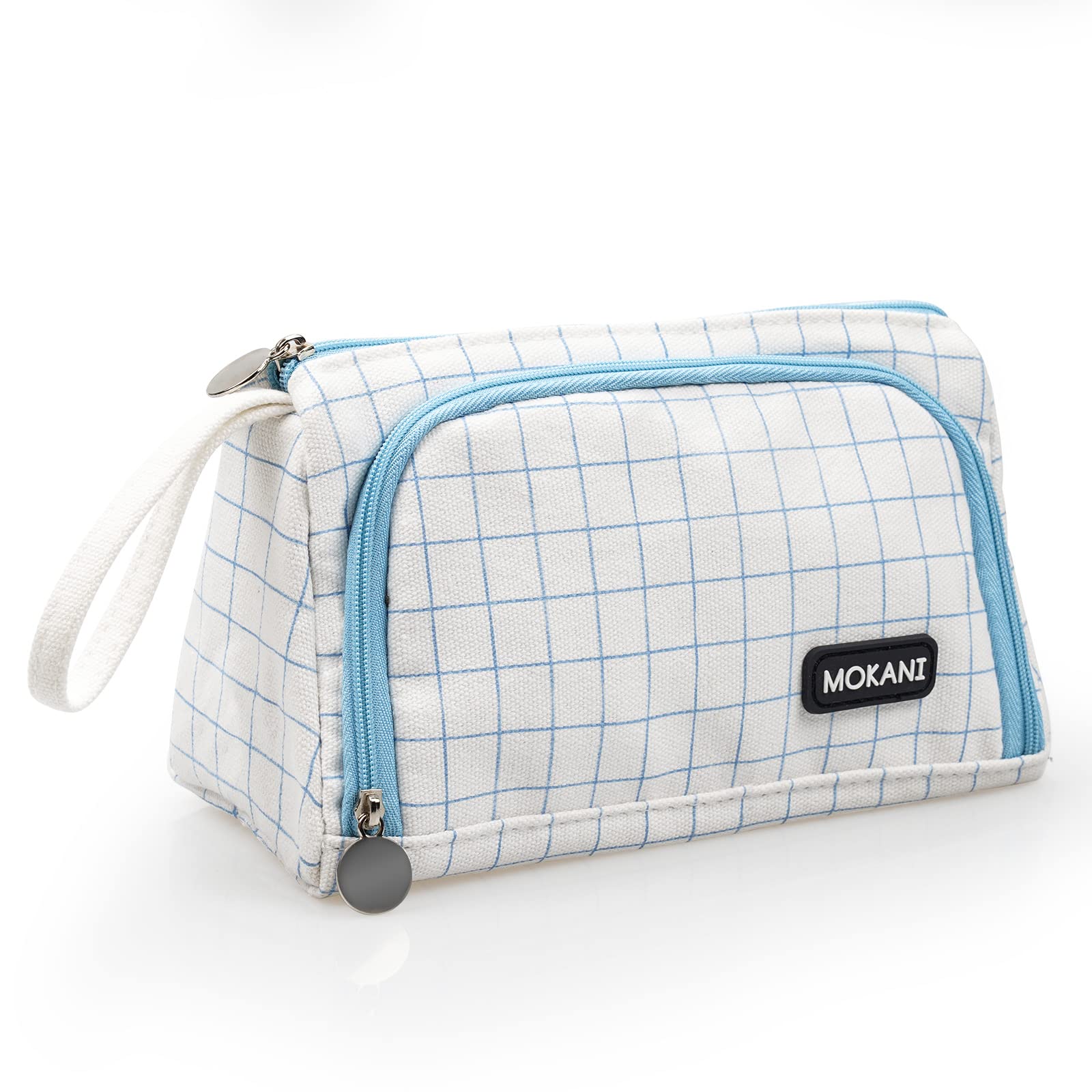 MOKANI Pencil Case, Big Capacity Pencil Pen Pouch with Handle, Stationery Bag Supplies Box for Student Office College Middle School High School, Blue Plaid