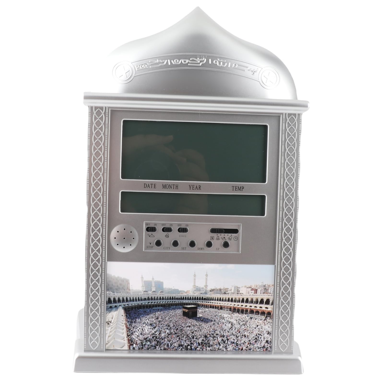 Bewinner Muslim Praying Clock, Azan Wall Clock Islamic Prayer Azan Table Clock with Muslim lunar Calendar, World Time,Temperature, Azan Time Remind, Makkah Music for Praying