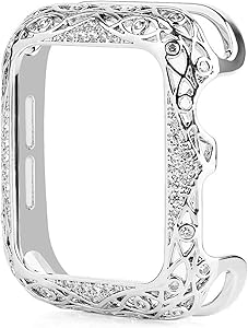 FAAGFC Carved Copper Women Luxury Bumper for Apple Watch Case 44/40mm 42/38mm Diamond Bling Metal Cover for IWatch Series SE/6/5/4/3/2 (Color : 1.Silver, Dial Diameter : 42mm)