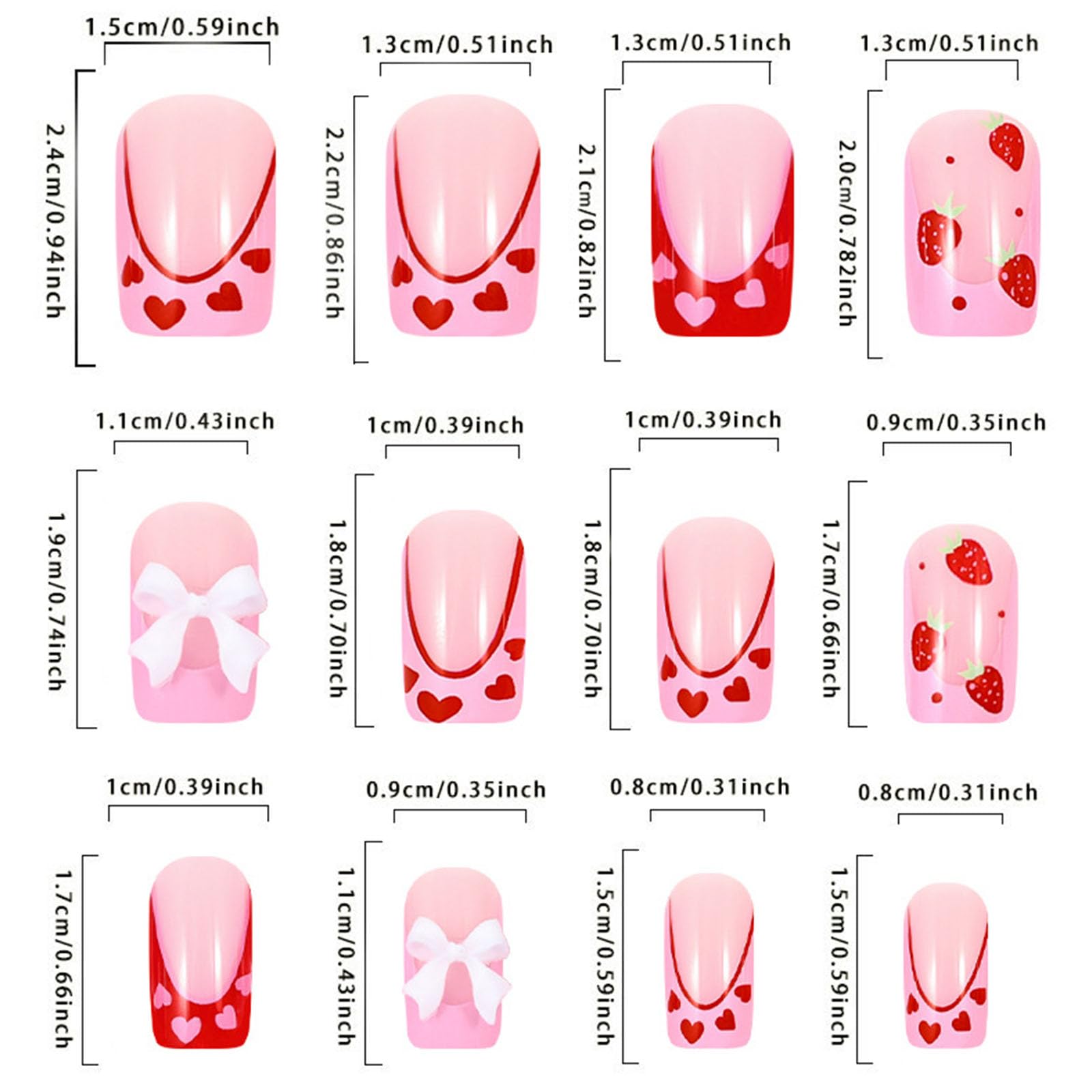 Press on Nails Medium Square With Bow Strawberry Designs Pink French Tip Red Acrylic Nude False Heart Stick on for Women 24Pcs - Image 4