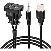 Anina USB AUX Flush Mount for Toyota, 1M Male to Female Car Dash 3.5mm AUX Extension Cable, Square Port USB Panel Mount Socket Adapter, 12V-30V Panel Mounting Cable for Audio Output &amp; Charging