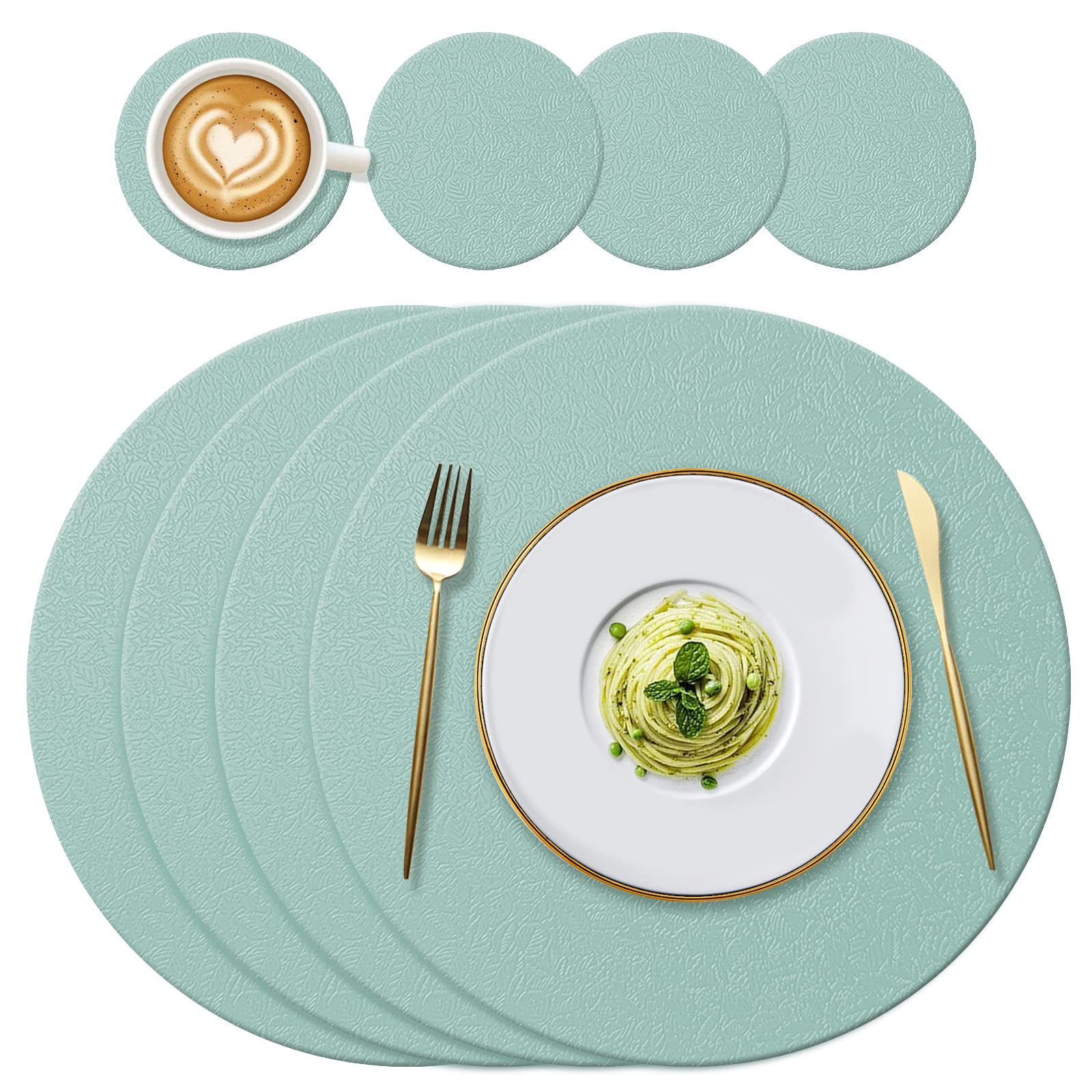 YUNJUER 4 Round Silicone Place mats(34cm) and 4 Coasters(10cm) Set, Heat-Resistant 450 °F Placemats, Non-Slip and Washable, Table Mats for Restaurant Indoor, Outdoor Glass Dining Table, (Light Green)
