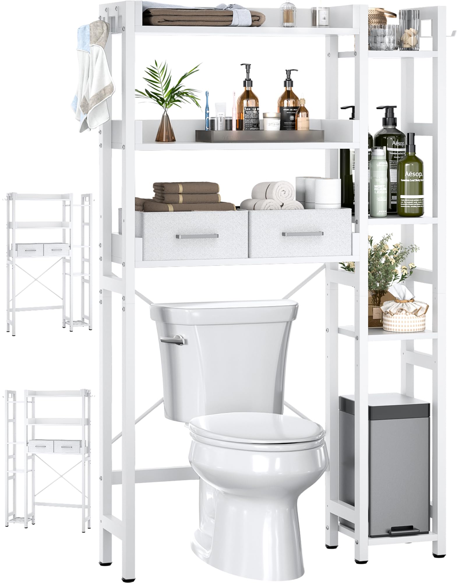 Photo 1 of Over The Toilet Storage with 2 Drawers - 7 Tier Bathroom Organizer with Adjustable Shelf, Freestanding Space Saver Storage Rack Above Toilet Stand with 4 Hooks for Restroom, Laundry, White