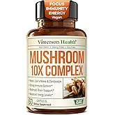 Mushroom 10x Complex with Lions Mane Extract, Turkey Tail, Cordyceps, Reishi, Shiitake, Chaga & Maitake for Cognitive Support – Vegan Mushroom Supplement Blend for Natural Energy & Focus – 60 Capsules