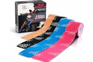 Dr Dee Pre-Cut Kinesiology Tape 80 Count | 4 Rolls, 2"x10" | Waterproof, Elastic, Breathable | Sports Muscle Tape | Pain Reli