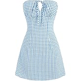 Floerns Women's Gingham Print Strapless Tube Dress Tie Front A Line Boho Dresses