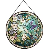 Payutou Hummingbirds and Flowers Pattern Stained Glass Suncatchers for Windows,Hanging Stained Glass Suncatcher,20cm/7.87inch Hand-Painted Sun Catcher Garden Painted Glass Panel Decor Themed Gift
