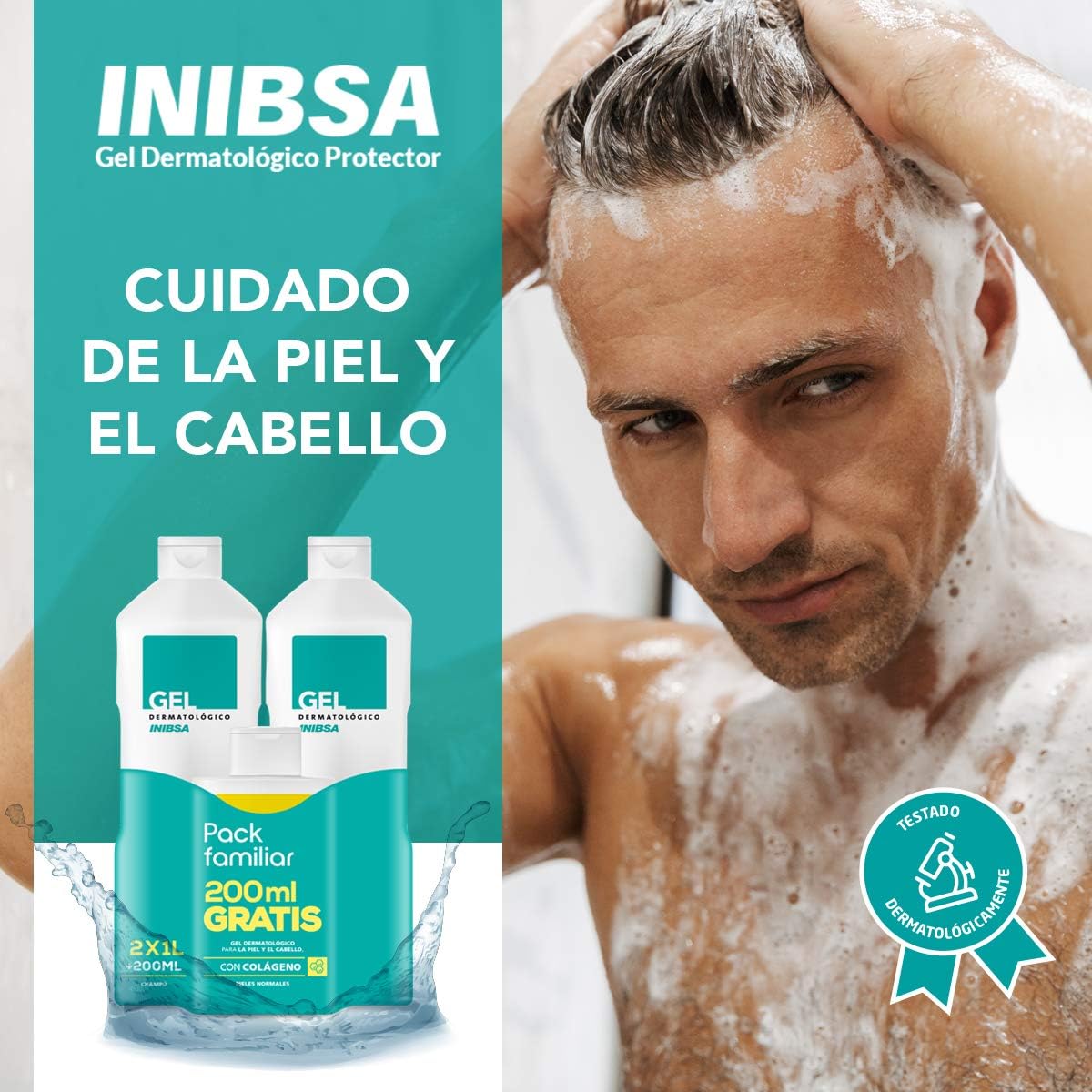 Geles Inibsa Gel Dermatológico Shower Gel (2 x 1000 ml) plus Shampoo (200 ml), 1 Pack, 200 Milliliters - Image 4