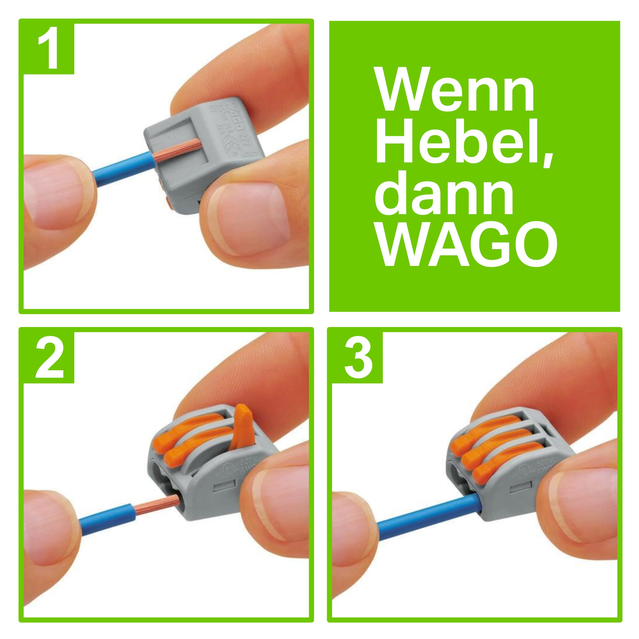 WAGO CLASSIC-Verbindungsklemmen 222-412 | 2 Leiter, bis 4 mm², 50 Stück, CLASSIC Kabelverbinder mit Hebeln für alle Leiterarten weltweit, bestätigte Anwendungssicherheit 3