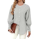 Casuluxy Womens Striped Round Neck Button Down Blouse Long Balloon Sleeve Crewneck Smocked Cuffs Shirt Gray