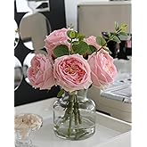 CHASMILE Artificial Flowers with Pink Roses in Vase, Lifelike Fake Flowers in Vase, Faux Flower Arrangements for Dining Table Centerpiece Decor, Table Centerpieces for Dining Room