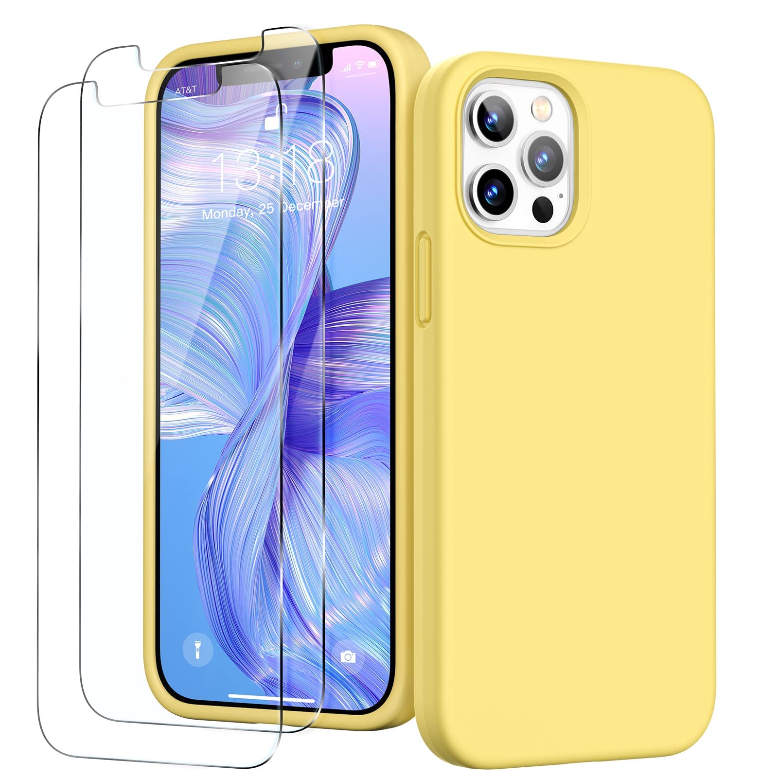 GOODVISH 3 in 1 Designed for iPhone 12 Case, iPhone 12 Pro Case with 2 Screen Protector, Liquid Silicone Soft Phone Case with Microfiber Lining Shockproof Full Protection Cover 6.1inch, Yellow