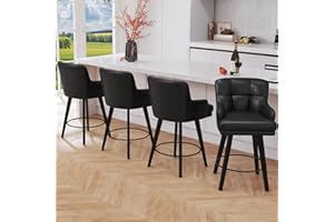 SAECKBERG 360°Swivel Counter Height Bar Stools with Back, 26 inch Solid Wood Legs, Bar Stool Modern Kitchen Island Chairs, Faux Leather (Black- Faux Leather, 26" H- Set of 4)