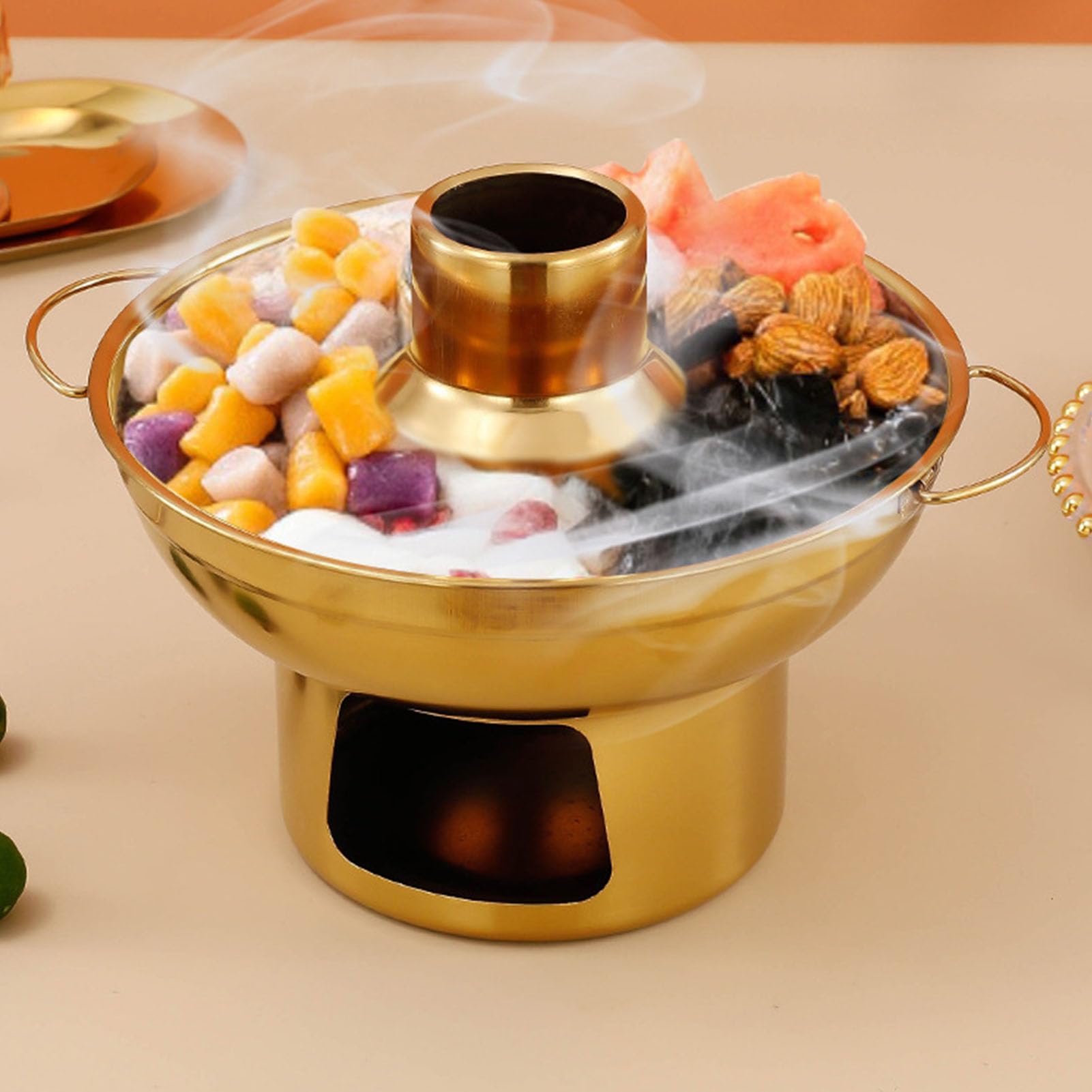 Stainless Steel Charcoal Dry Ice Hot Pots Chinese Beijing Charcoal Imitation Copper Dessert Hot Pot t for a Unique Cooking Experience and Dessert Display (Medium)