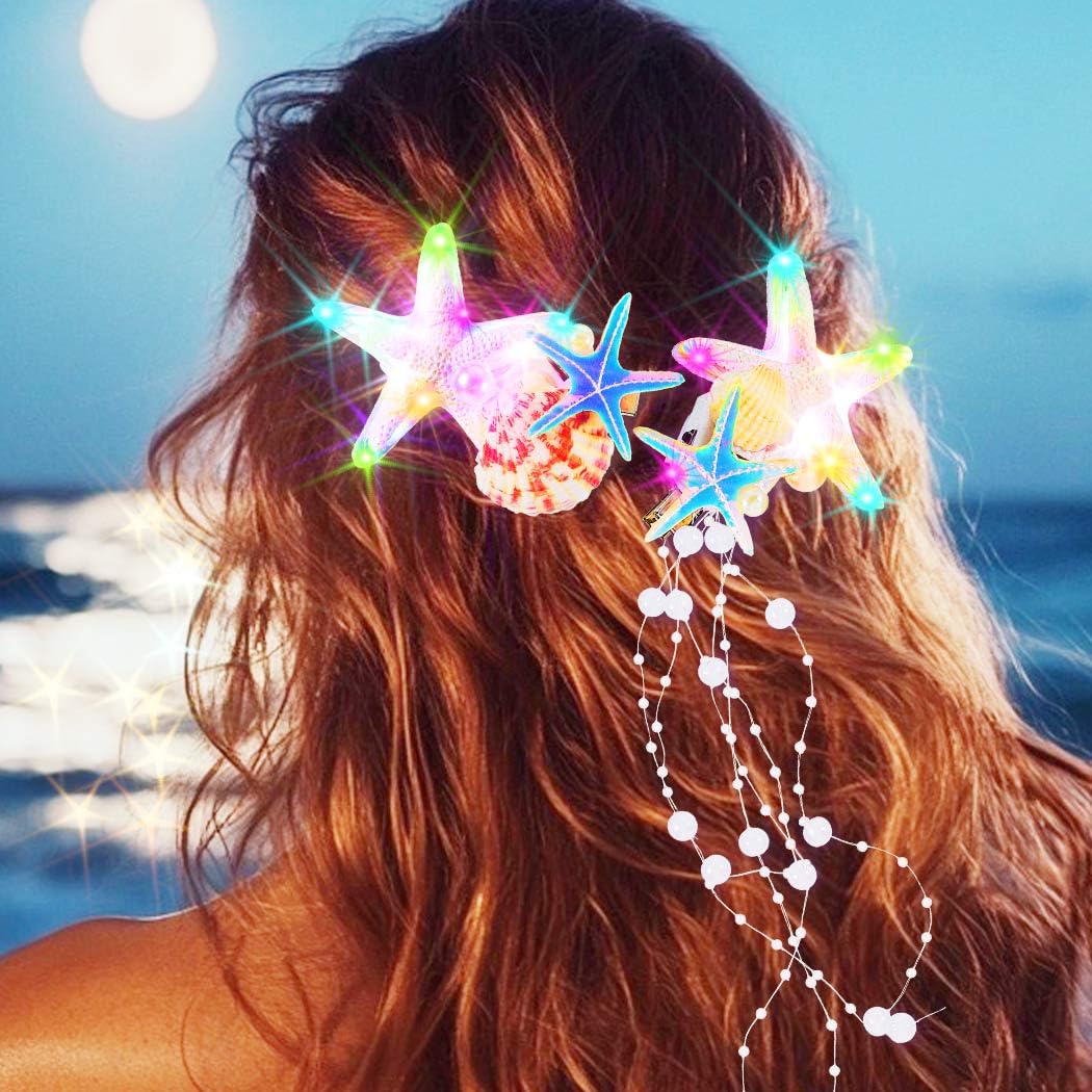 Handcess Light up Starfish Hair Clip LED White Shell Hair Barrettes Glowing Mermaid Hair Piece Pearl Bridal Hair Accessories for Women