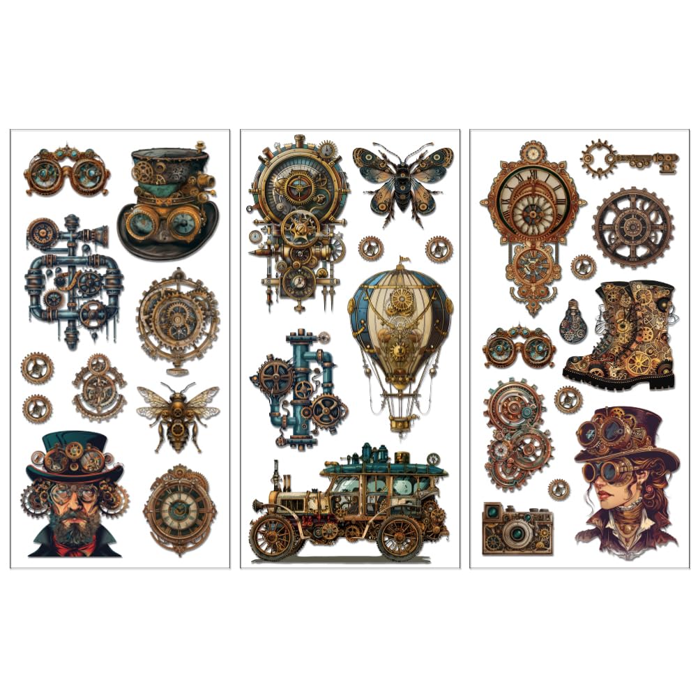 Peacoblue Rub on Transfer Decals for Furniture Crafts 6"x12", 3Pcs Steampunk Style Waterproof UV DTF Transfer Decals Sticker for Dresser Lingerie Chests Drawer Glass Porcelain Wood