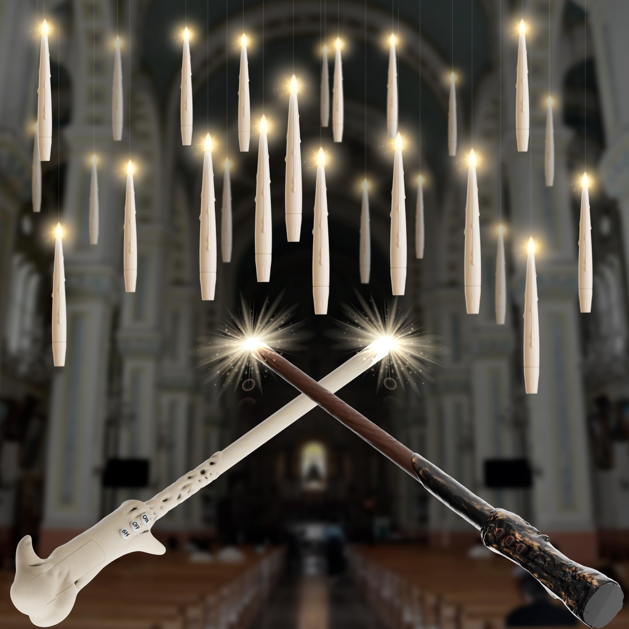 Photo 1 of JOIONE Floating Candles With Wand, 20 Pack Hanging Taper Candles, Battery Operated With 2 Wand Remotes, Flameless Magic for Xmas Halloween Decor, Ivory