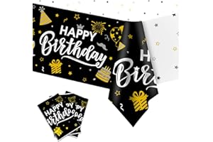 DUAIAI Happy Birthday Decorations, 3pcs Black and Gold Birthday Tablecloth for Men Women, Plastic Disposable Rectangle Table Cover for 90th 80th 70th 60th 50th 40th 30th Birthday Party Decor- 54" x 108"
