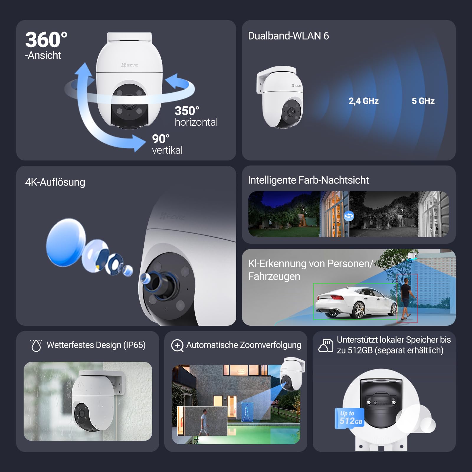 EZVIZ 4K Überwachungskamera Aussen WLAN, 360° PTZ Kamera Außen mit KI-Erkennung, Zwei-Wege-Audio, 2.4 & 5 GHz WLAN, 8MP Farbnachtsicht, Wetterfest, Fernsteuerung per App, C8c 4K (Version 2026) 2