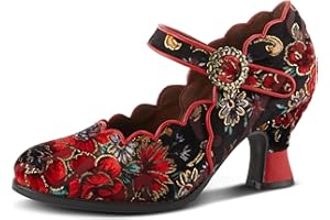 Spring Step L'Artiste Adodora Mary Jane Heeled Shoes for Women - Hand Painted Floral Tapestry, Hook and Loop with Velvet Lining Cushioned Insole, 2.5″ Heel