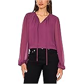 Vince Camuto Women's Long Sleeve Ruched Shoulder Tie Neck Blouse