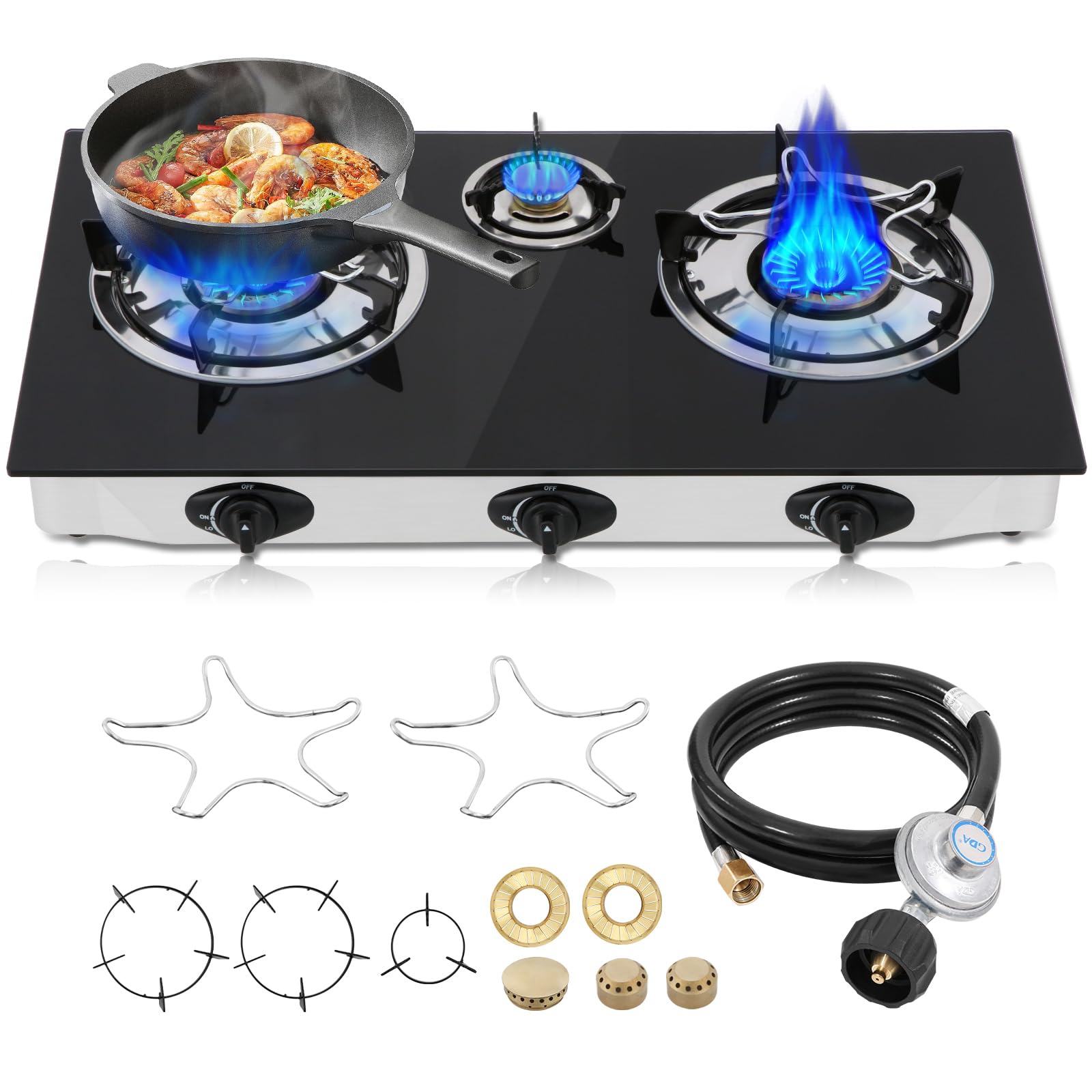 Photo 1 of Propane Gas Cooktop,3 Burners Gas Stove portable, 0.28"Tempered Glass, Auto Ignition Camping 3 Burner LPG for RV,Apartments,Outdoor