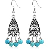 Watforsh Boho Silver Turquoise Filigree Western Country Earrings Teardrop Drop Dangle Vintage Stone Bohemian Statement Earrings for Women Cowgirl