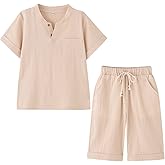 POBIDOBY Boy's T-Shirt and Shorts Set Cotton Linen Summer Short Sleeve Children Two Pieces Clothing Pants Sets