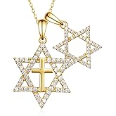 Cujiesp Gold Star of David Necklace for Women - 925 Sterling Silver Double Star of David Pendant, Jewish Star Necklace with Cross, Jewish Jewelry Gifts for Women Men