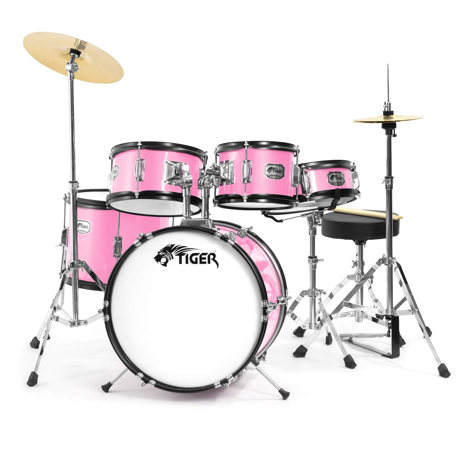 TIGER JDS14-PK 5 Piece Junior Drum Kit Drum Set for Kids with Snare, Toms, Bass Drum, Bass Drum Pedal, Hi-Hat and Crash Cymbals, Throne and Sticks Pink