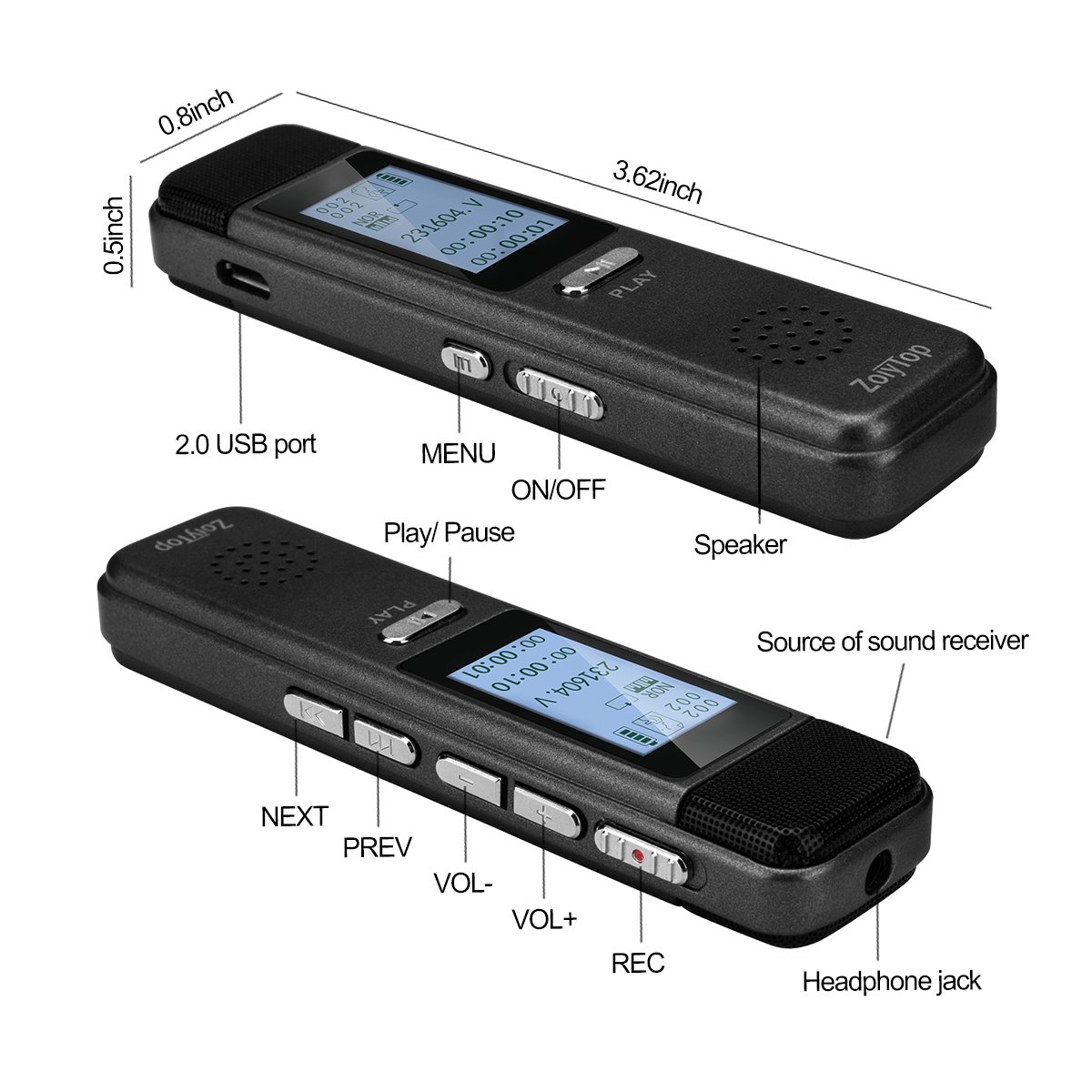 Digital Voice Recorder, ZoiyTop 8GB 3072Kbps Sound Audio Recorder Dictaphone,Double Microphone HD Recording,Premium Quality Metal Casing,Noise Cancelling, MP3 Player
