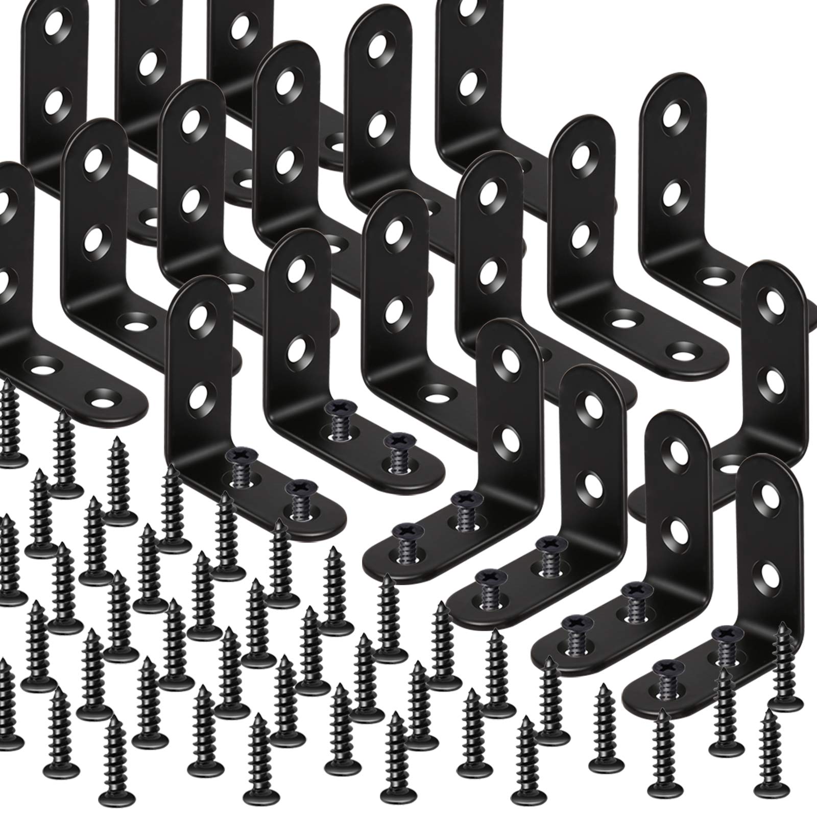 FANDAMEI 20 Sets Black Corner Brackets - 40x40mm Stainless Steel Right Angle Braces L Shaped Metal Bracket 90 Degree Corner Braces with 80 Screws for Wooden Furniture Window Shelf Desk