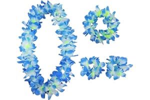 Aacehlh Hawaiian Leis Set,Hawaiian Luau Flower Leis Necklace Headband Bracelets Set,Essential Party Decorations for Birthday, Graduation, and Wedding Celebrations (Blue)