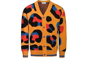 OXKNIT Men's Vintage Knit Cardigan Sweater, Retro Irregular Color-Blocking Pattern Button Down Yellow Long Sleeve Tops
