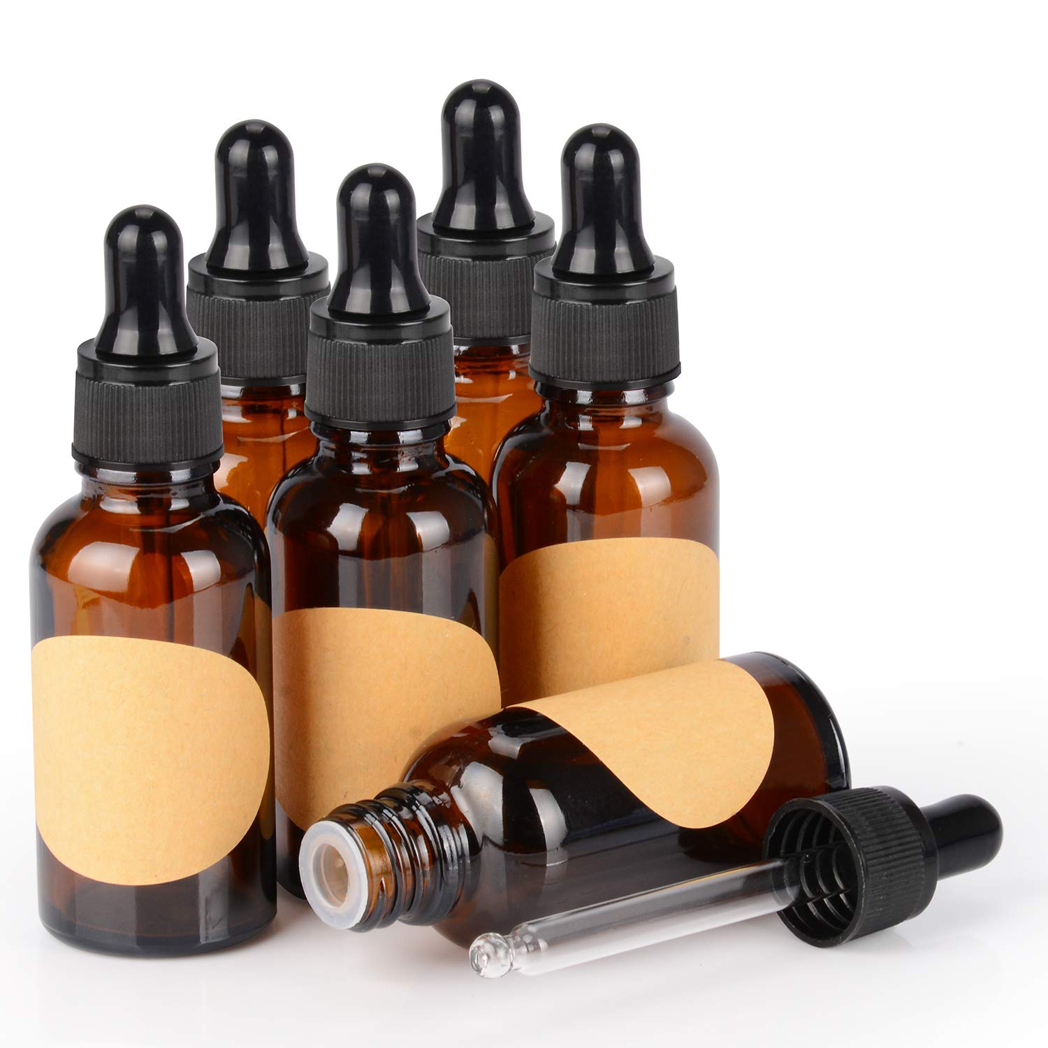 stonylab 30 ml 6-Pack Glass Dropper Bottle, Brown Empty Glass Bottle with Glass Dropper, Inner Plug and Label for Laboratory Solutions