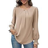 Funlingo Womens Tops Dressy Casual Smocked Long Sleeve Shirts Crew Neck Loose Chiffon Tunics Office Work Blouses