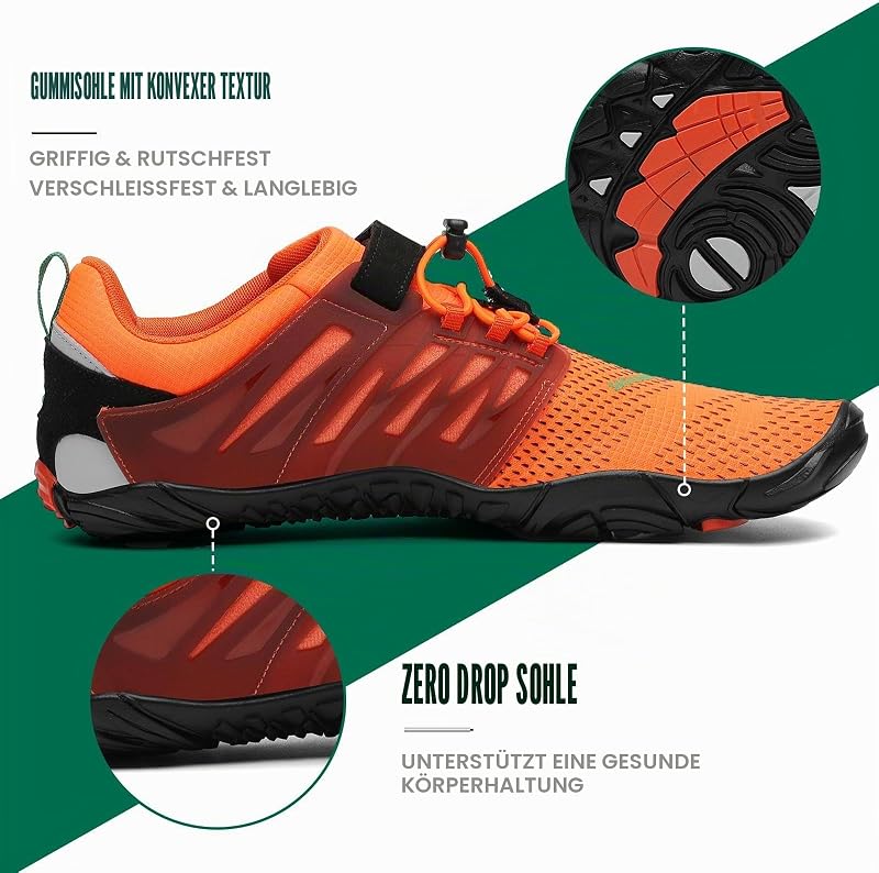 Barfußschuhe Herren Barfussschuhe Damen Barfuss Schuhe Zehenschuhe Outdoor Fitnessschuhe rutschfest Traillaufschuhe Barefoot Shoes mit Zero-Drop Solhe Dunkelorange, Gr.42 EU