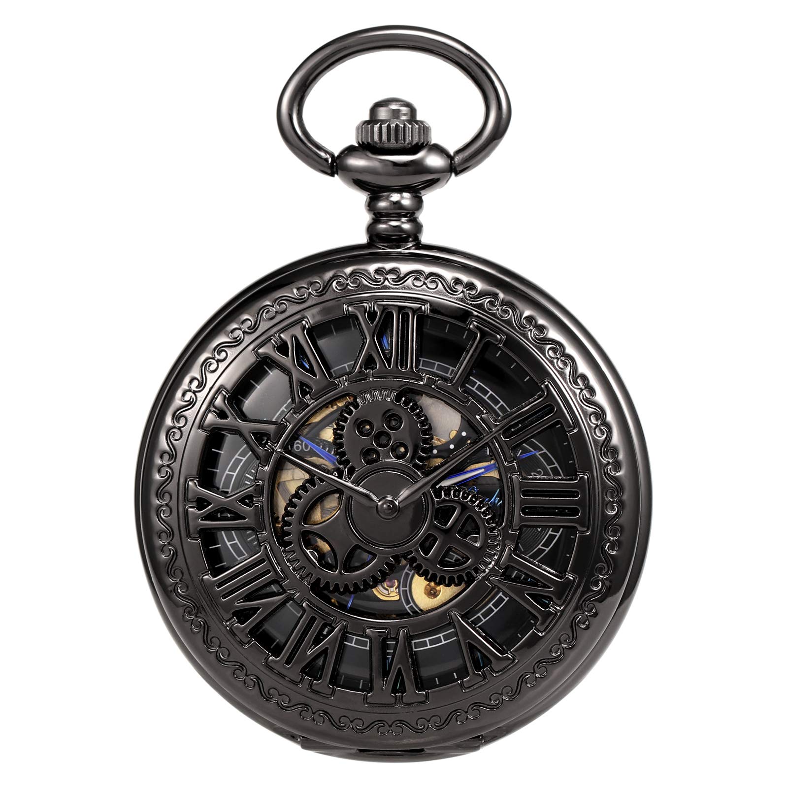 TREEWETO Pocket Watch Skeleton Hand-Wind Mechanical Double Case Roman Numerals Antique with Fob Chain Box