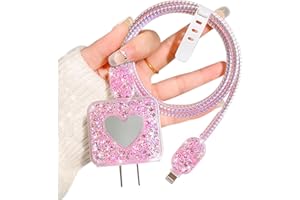 DIY Cable Protector Compatible for Apple iPhone Charger with Mirror,Cute Glitter Bling Love Heart Design,Wire Cable Saver Dat