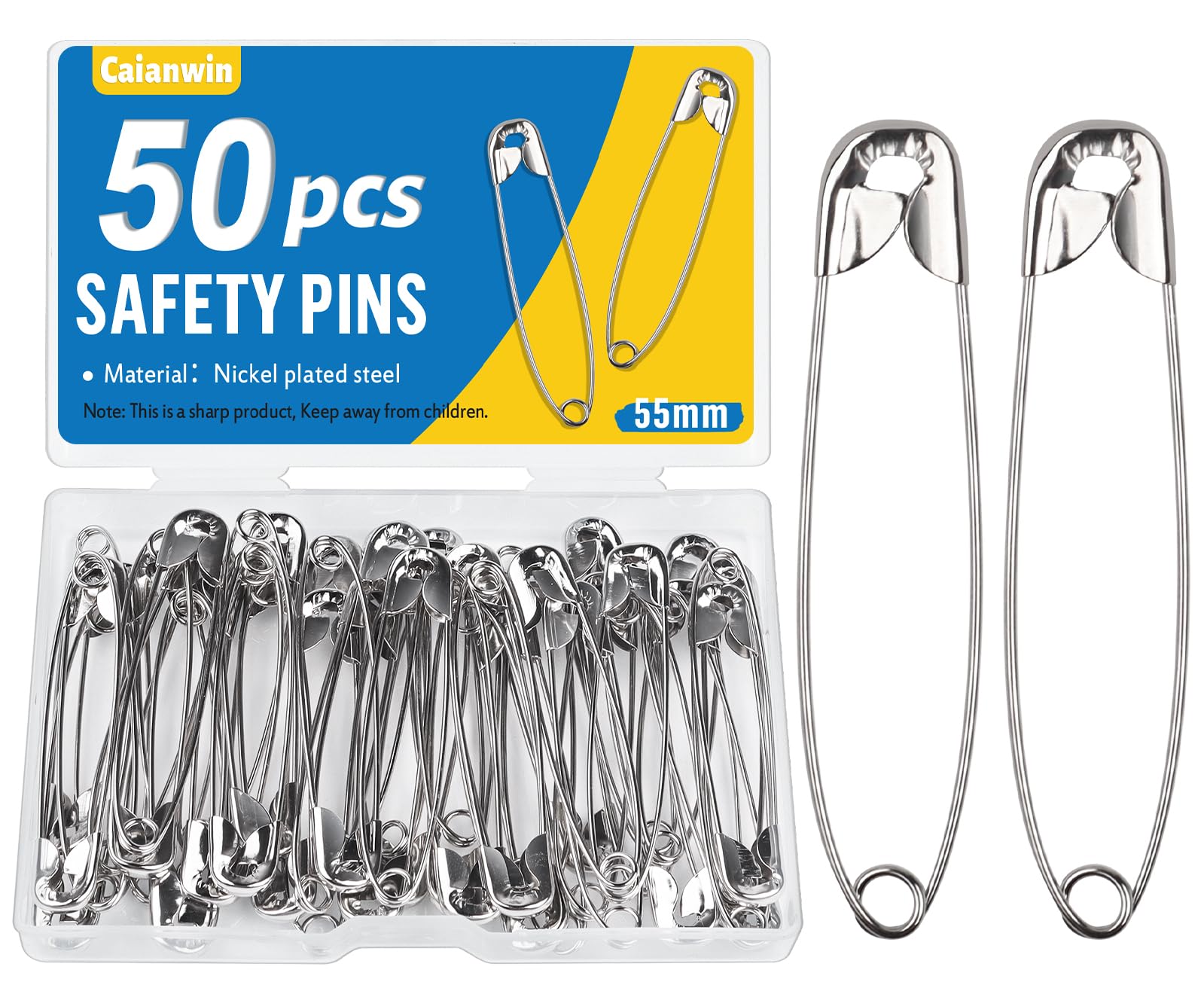 Caianwin 50Pcs Safety Pins Large 55mm Pins with Storage Box Big Safety Pin for Clothes,Sewing, Pinning, Hemming, Dressmaking and DIY