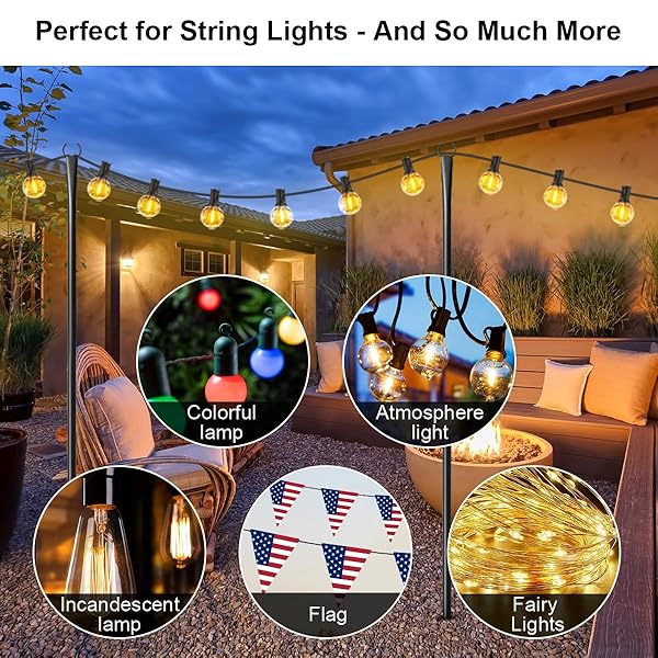 6 PACK STRING LIGHT POLES FOR OUTSIDE, UPGRADED HEAVY-DUTY METAL POLES FOR OUTDOOR STRING LIGHTS WITH FORK, ADJUSTABLE LIGHTING HANGING ACCESSORIES FOR PATIO DECOR PERGOLA BACKYARD GARDEN DECORATIONS